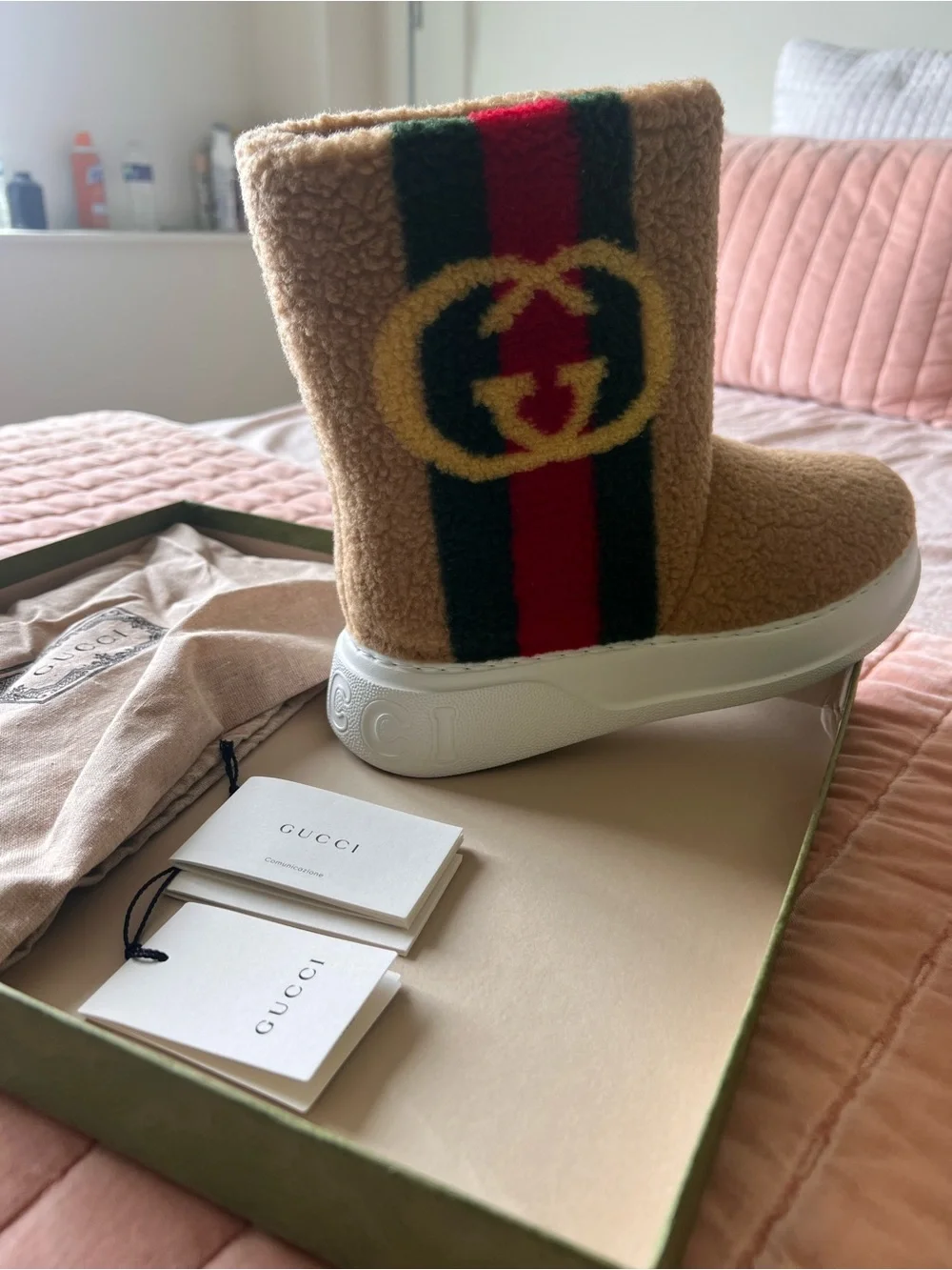 Gucci Tan Shearling Boot with Red & Green Stripe and Yellow Logo.
